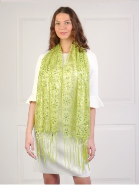 Sequined Flower Mesh Scarf W/ Fringe